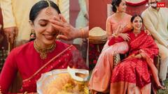 मांग टीका, लाल सुर्ख साड़ी और गोल्ड ज्वेलरी....'पेली कुथुरु' सेरेमनी में दुल्हन सी सजीं शोभिता धुलिपाला, देखें इनसाइड तस्वीरें