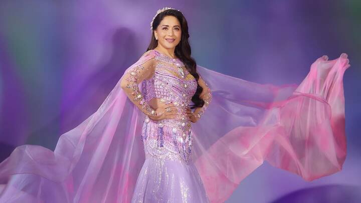 Lavender Princess Look: Madhuri Dixit has posed in the most beautiful lavender ruffled tulle with pearly embellishments and their very own regal net cape, alongside some delicate beadwork on those sleeves and very sparkly eyes, wavy hair, and a hair clip for that simply magical wedding look. (Image source: Instagram/ madhuridixitnene)