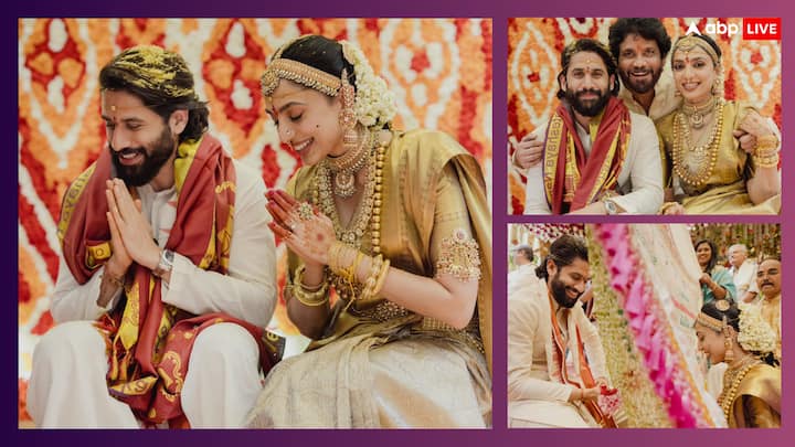 Naga Chaitanya-Sobhita Dhulipala Wedding Pics: नागा चैतन्य और शोभिता धुलिपाला शादी के बंधन में बंध गए हैं. कपल की शादी की पहली फोटोज सामने आ गई हैं जिसमें दूल्हा-दुल्हन लाजवाब दिख रहे हैं.