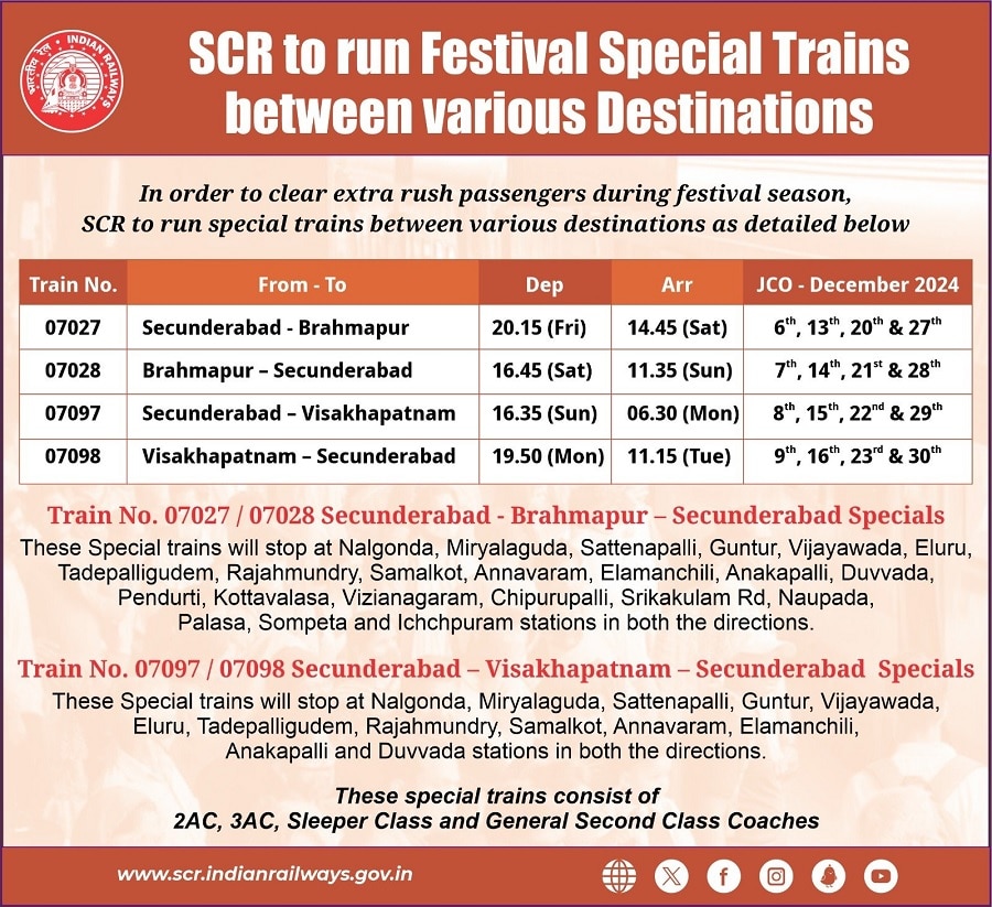 SCR Special Trains: రైలు ప్రయాణికులకు శుభవార్త, సికింద్రాబాద్ - విశాఖపట్నం మధ్య ప్రత్యేక రైళ్లు ఇవే