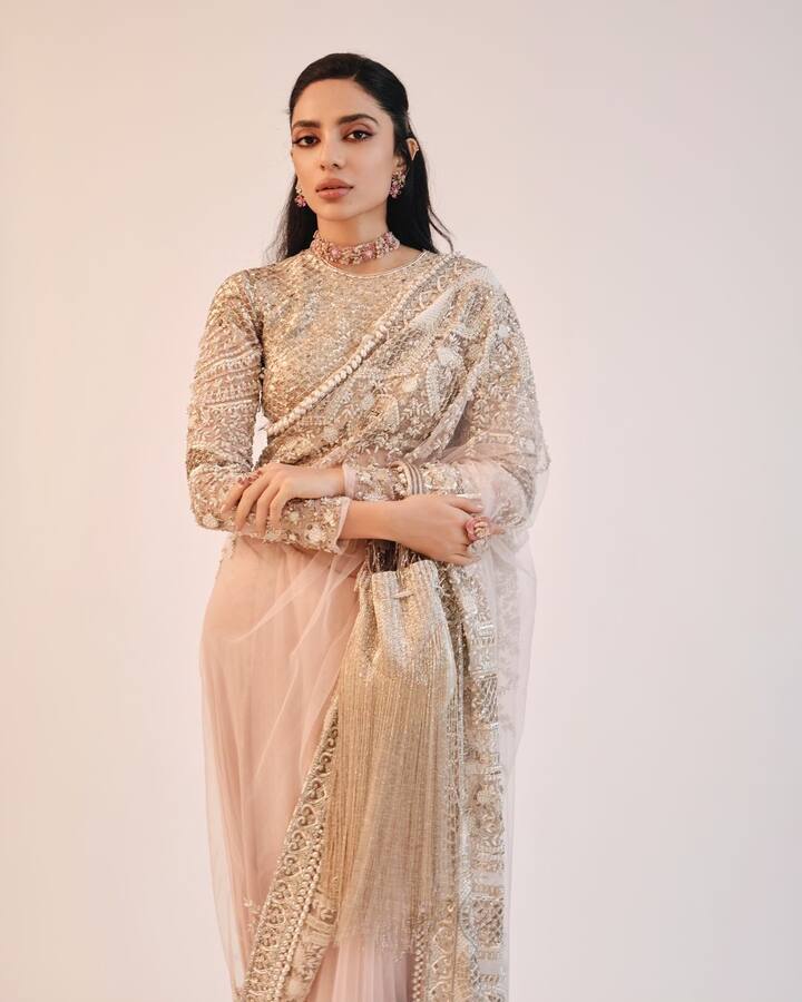 अगर आप हैवी साड़ी लुक कैरी करना चाह रहे हों, तो शोभिता की हैवा वर्क वाली ये नेट साड़ी एक अच्छी चॉइस होगी. आप एक्ट्रेस की तरह साड़ी को हैवी वर्क वाले ब्लाउज के साथ पेयर कर सकते हैं.