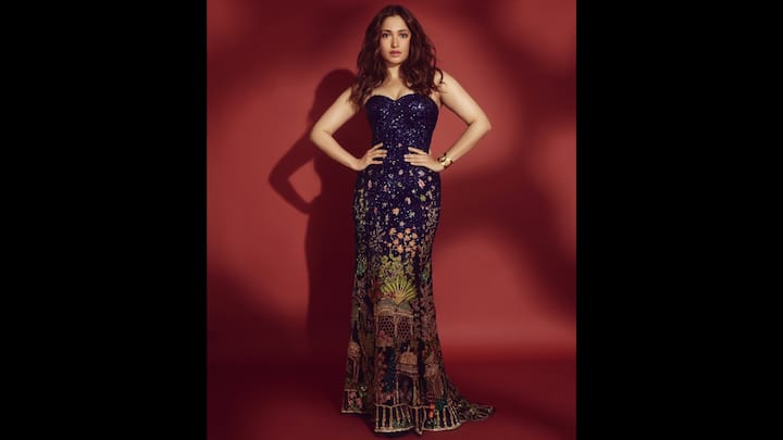 7. Tamannaah Bhatia: Tamannaah looks dazzling in her sequined gown which has vibrant embroidery. The gown's structured silhouette gives a graceful look and aura. Perfect for lavish evening parties, this outfit radiates charm. (Image Source: Instagram/@tamannaahspeaks)