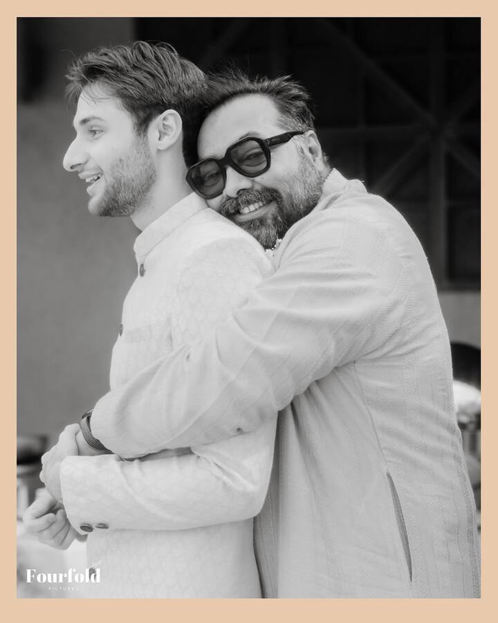 Anurag Kashyap shared a tender monochromatic moment as he hugged groom-to-be Shane.