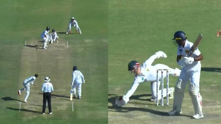 South African keeper kyle verreynne takes a stunner to dimiss kamindu mendis Watch Video : ஏய் எப்புட்றா! தாவி கேட்ச் பிடித்த தென்னாப்பிரிக்க வீரர்..  உறைந்து நின்ற மெண்டிஸ் SA vs SL