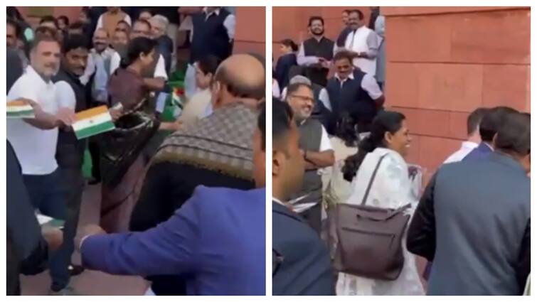 Rahul Gandhi Rose Tiranga Gift For Rajnath Singh left MPs Jothimani and Sudha laughing ராஜ்நாத் சிங்குக்கு ரோஜா பூ கொடுத்த ராகுல் காந்தி.. குலுங்கி குலுங்கி சிரித்த ஜோதிமணி!