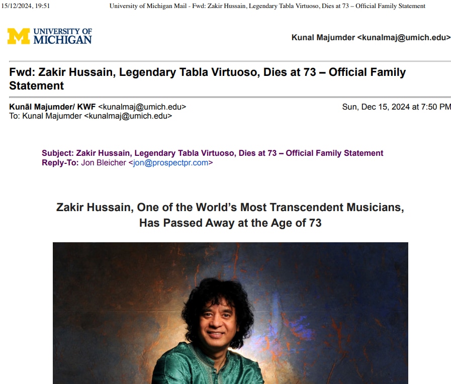 Zakir Hussain Death: नहीं रहे मशहूर तबला वादक जाकिर हुसैन, 73 की उम्र में दुनिया को कहा अलविदा