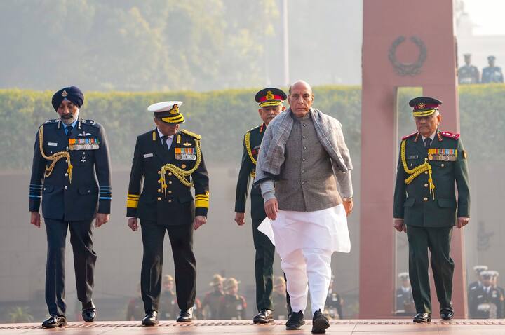 Union Defence Minister Rajnath Singh with Chief of Defence Staff (CDS) Gen Anil Chauhan, Chief of Army Staff Gen. Manoj Pande, Navy Chief Admiral Dinesh K Tripathi and IAF Chief Air Chief Marshal AP Singh at the National War Memorial on the occasion of the Vijay Diwas, marking India's victory in the 1971 Bangladesh liberation war, in New Delhi, Monday, Dec. 16, 2024. (Source: PTI)