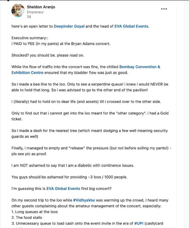 ब्रायन एडम्स के कॉन्सर्ट में फैन ने पैंट में किया पेशाब, खराब बंदोबस्त के लिए जोमैटो के CEO को लगाई लताड़