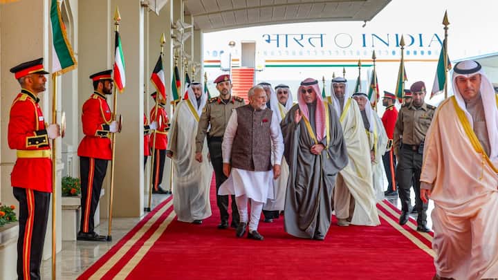 PM Modi was received by Deputy Prime Minister and Minister of Defence of Kuwait Sheikh Fahad Yousef Saud Al-Sabah upon his arrival at the airport, in the Gulf Nation.(Source: PTI)