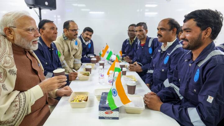 He interacted with a cross-section of Indian workers from different states of India, enquired about their well-being, also sat at a table with some of them at the Gulf Spic Labour Camp as snacks were served. (Source: PTI)