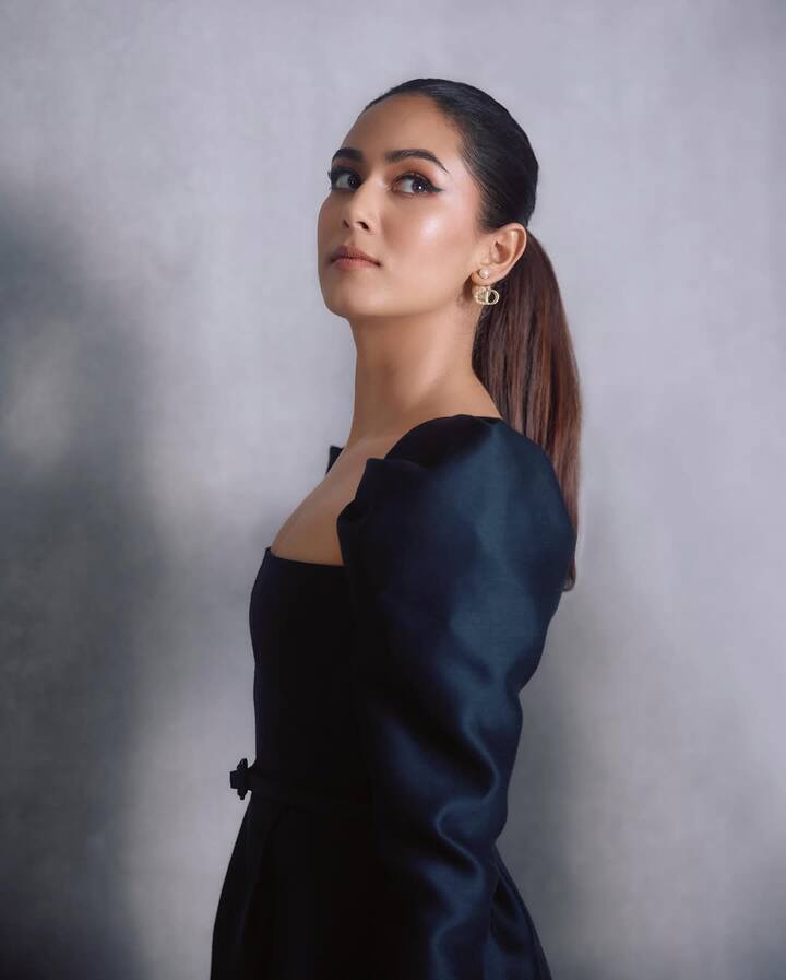 Mira wore a navy blue formal outfit with a square neck cut and opted a glossy makeup look.