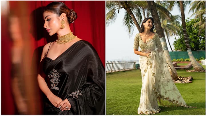 Shine at your New Year party with saree styles inspired by Bollywood divas. These timeless looks combine tradition and elegance, perfect for making a stunning statement as you welcome the year ahead.