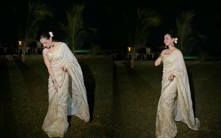 Hania is wearing off white chikankari khadi silk saree. There is Chikankari booti on the saree and there is also a design on the pallu. The golden border is making the saree even more classy.