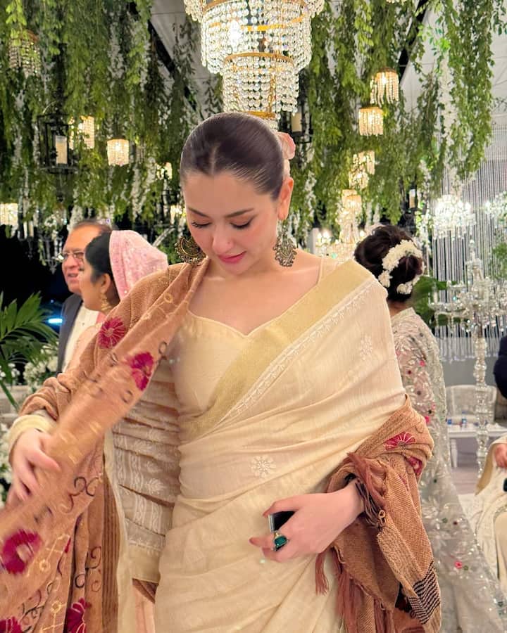 Hania Aamir paired this saree with a blouse with matching cut sleeves. The actress gave the final touch to her look with a golden shawl.