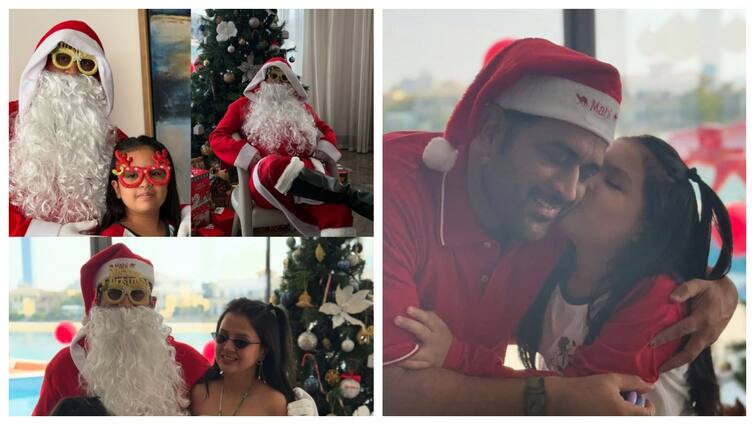 MS Dhoni as Santa Claus celebrating Christmas 2024 along with wife Sakshi and daughter Ziva மகளுக்காக என்ன வேணாலும் பண்ணுவார்! சாண்டா தாத்தாவாக மாறிய தோனி.. முத்தமிட்ட ஸிவா! 