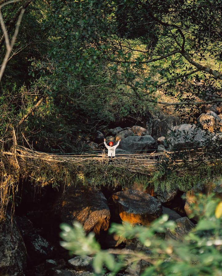 In one of the photos, the singer is seen posing on the living root bridge.