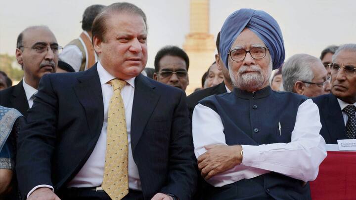 Former prime minister Manmohan Singh with Pakistani Prime Minister Nawaz Sharif during the swearing-in-ceremony of Narendra Modi and his Council of Ministers at Rashtrapati Bhavan in New Delhi on May 27, 2014.