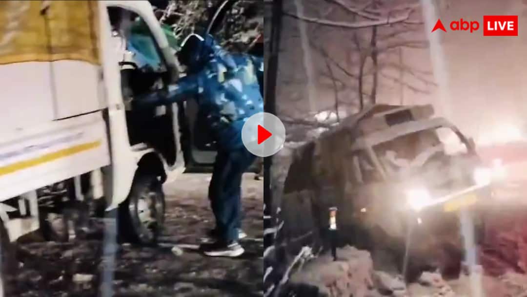Truck slipped into ditch in manali video goes viral दिख गई साक्षात मौत! बर्फ में ट्रक फिसलने पर ड्राइवर ने छलांग लगाई, खाई में गिरा ट्रक; खौफनाक वीडियो हो रहा वायरल