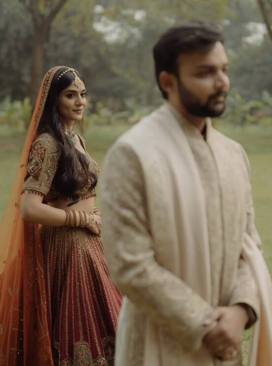 Tanvi is looking very beautiful in bridal attire while her groom Mia Pratham is also looking good in white sherwani.