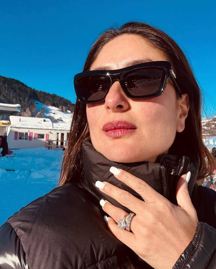 The first selfie in the series showed Kareena in a sun-kissed glow against a snowy backdrop, wearing a black jacket and stylish shades.