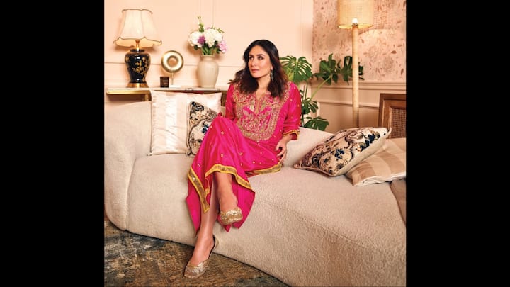2. Kareena Kapoor Khan: Kareena radiates elegance in her pink kaftan suit that's the perfect choice for the New Year. She has paired her look with stunning earrings and golden juttis that enhance her chic look. (Image Source: Instagram/@kareenakapoorkhan)