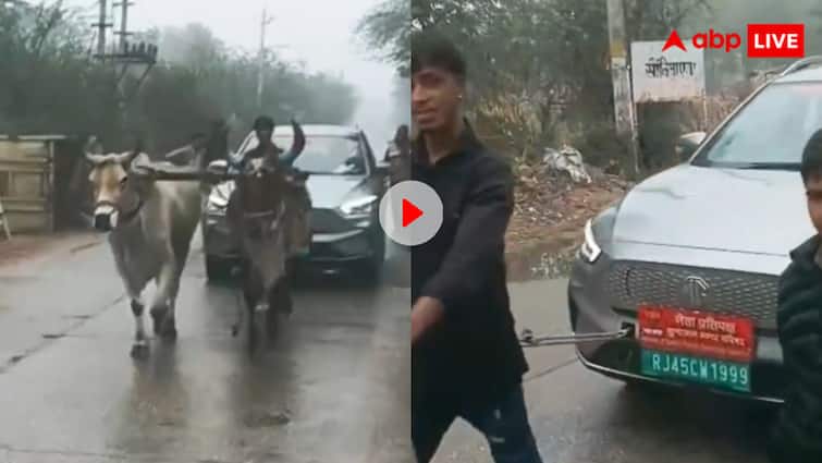 राजस्थान के नेता की इलेक्ट्रिक कार खराब हो गई जिसके बाद उसे बैलों ने खींच लिया, वीडियो वायरल हो गया