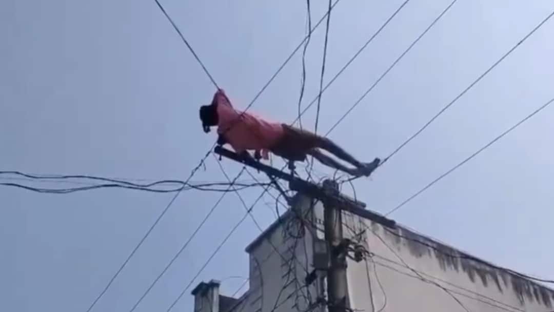 Andhra Man Stirs Panic With His Drunk Antics, Takes Nap On Electric Wires After Climbing Pole: WATCH Andhra Man Stirs Panic With His Drunk Antics, Takes Nap On Electric Wires After Climbing Pole video Andhra Man Stirs Panic With His Drunk Antics, Takes Nap On Electric Wires After Climbing Pole: WATCH