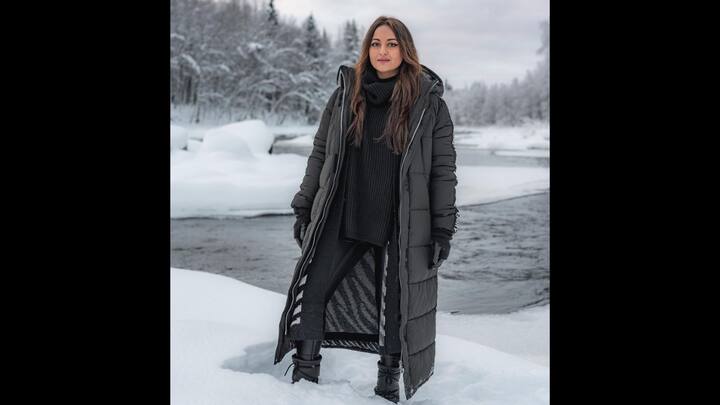 3. Sonakshi Sinha: Sonakshi Sinha nails the black monochromatic look. She has worn a black flowy top, long jacket, leather pants, boots, and gloves. She has effortlessly combined warmth, comfort, and style. (Image Source: Twitter/@filmfare)
