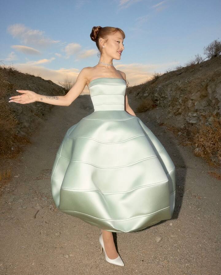 The singer-actor wore a custom Louis Vuitton strapless dress featuring a voluminous bubble skirt.