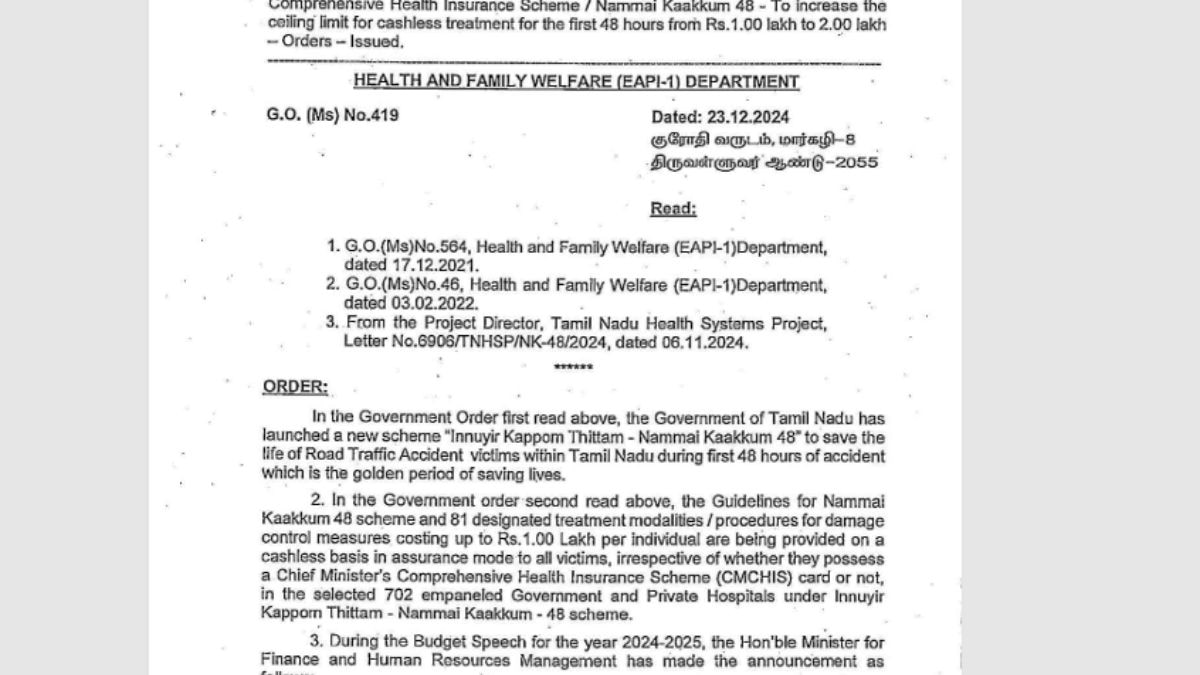 Nammai kaakkum 48 Scheme:தமிழ்நாடு அரசு அதிரடி அறிவிப்பு.! ரூ.2 லட்சமாக அதிகரிப்பு: நம்மை காக்கும் 48 திட்டத்தில் அரசாணை