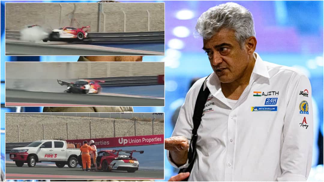 Actor Ajith Kumar Racing Car Crashes During Practice Session Watch Video Ajith Car Accident: రేసింగ్ సర్క్యూట్ లో కోలీవుడ్ స్టార్ కారుకు ఘోర ప్రమాదం... స్వల్ప గాయాలతో బయటపడిన అజిత్