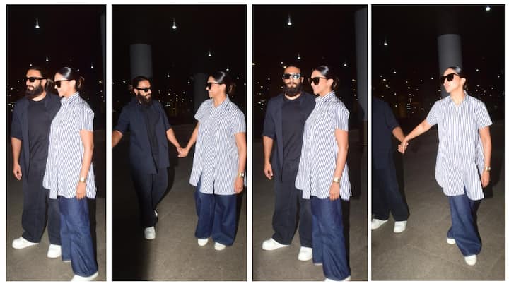 Deepika-Ranveer Spotted At Airport: पेरेंट्स बनने के बाद पहल बार रणवीर और दीपिका मुंबई एयरपोर्ट पर स्पॉट हुए, रणवीर ने जिन्स के साथ एक टी-शर्ट पहने हुए है, वहीं दीपिका ने स्ट्रइप शर्ट पहनी हुई हैं .