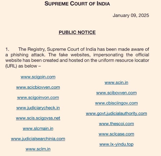 Supreme Court Warns Public About Fake Mimic Websites Following Phishing Attacks On IAS Officers