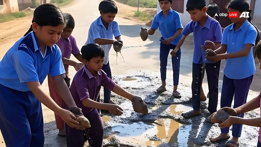 Maharashtra school students fill potholes in road by teachers Chhatrapati Sambhaji Nagar video viral ANN स्कूल के शिक्षकों ने छात्रों से भरवाए सड़क के गड्ढे, फूटा अभिभावकों का गुस्सा