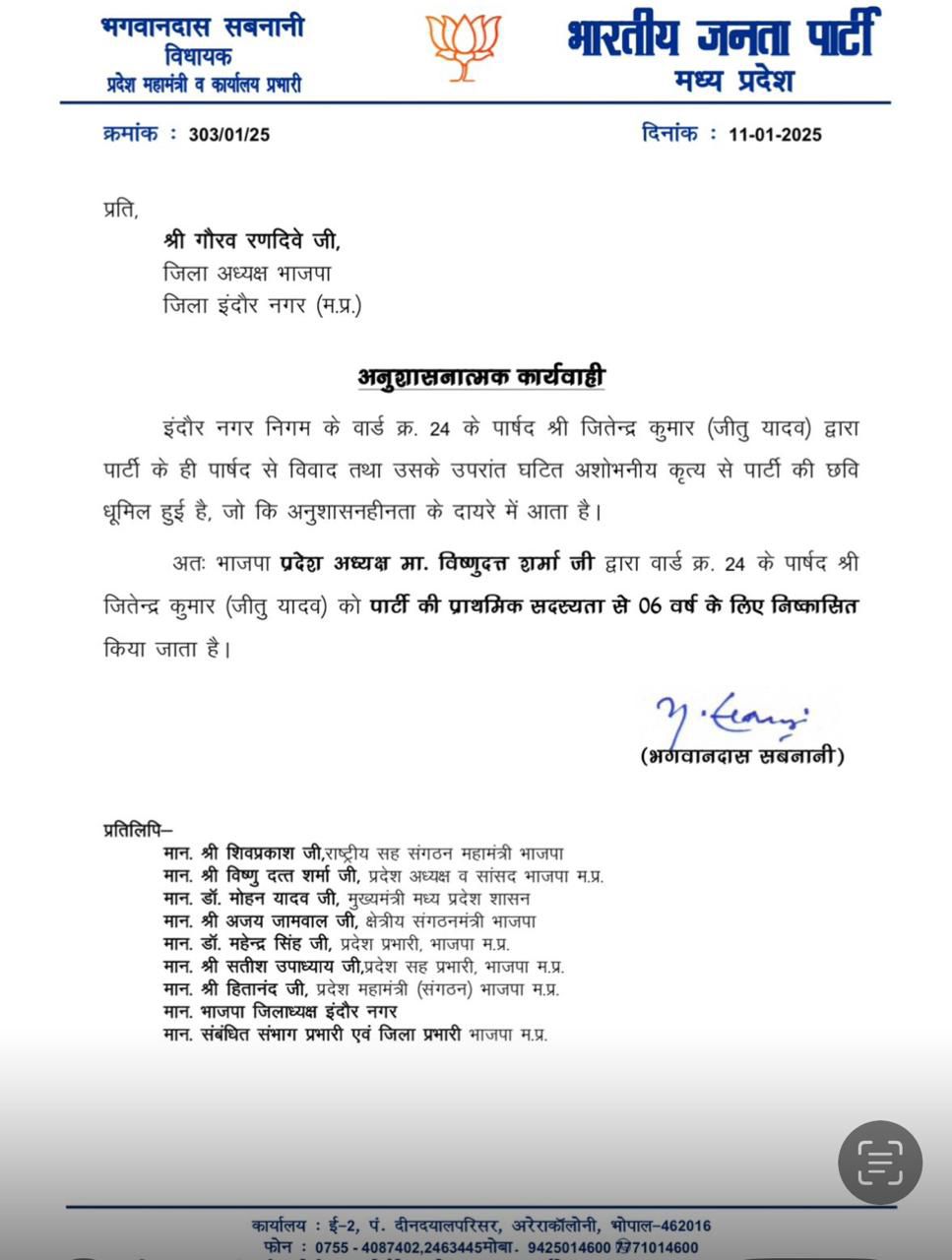 Indore News: बीजेपी ने पार्षद जीतू यादव के खिलाफ की बड़ी कार्रवाई, पार्टी से 6 साल के लिए किया निष्कासित