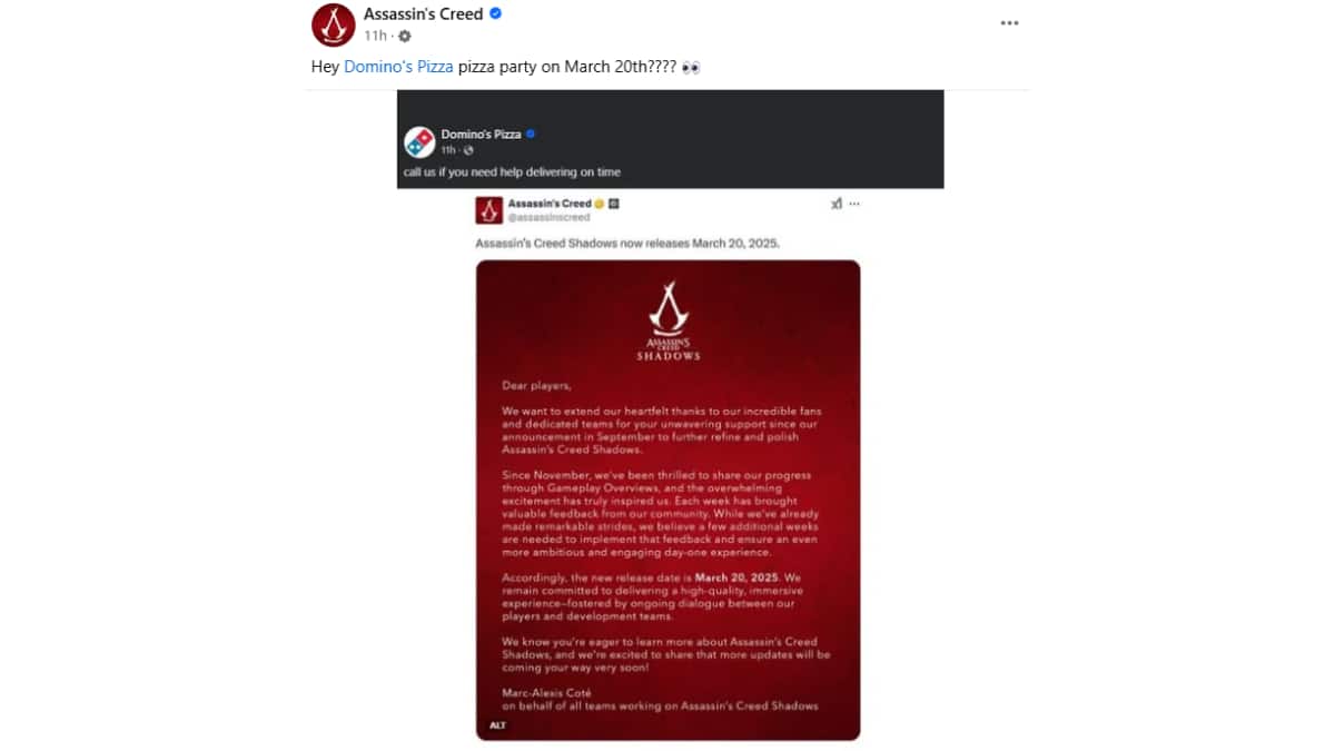 Ubisoft Delays Release Of Assassin's Creed Shadows, Domino's Pizza Engages In Playful Banter