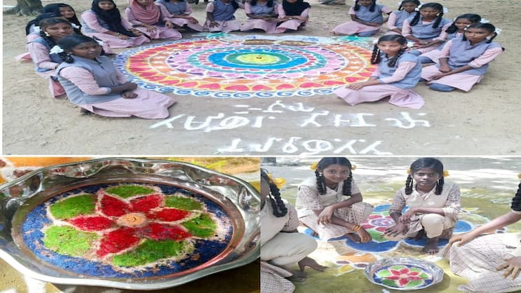 Government school girls write well in ancient Tamil in madurai - tnn தமிழி எழுத்தில் விளையாண்டு அசத்தும் அரசுப் பள்ளி மாணவிகள்.. இப்படியும் பொங்கல் வாழ்த்து சொல்லலாம் !