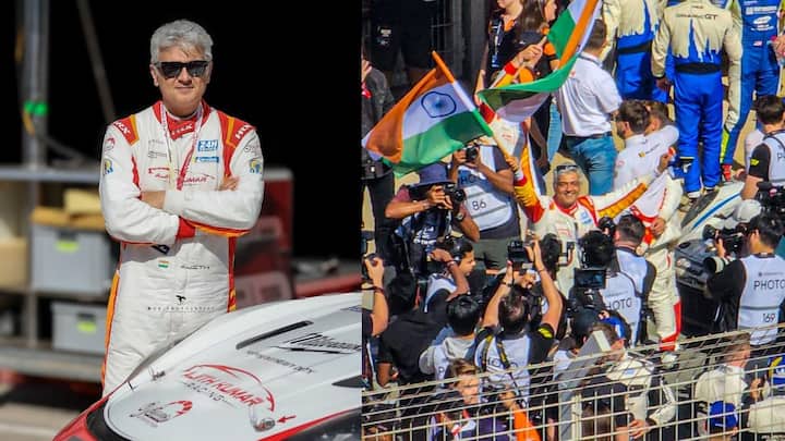 Ajith Kumar: நடிகர் அஜித் குமார் கார் அணியில் துபாயில் நடைபெற்ற கார் ரேஸில் மூன்றாம் இடம் பிடித்துள்ளது. வெற்றி கொண்டாட்ட புகைப்படங்களை காணலாம்.