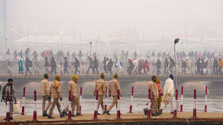 Security personnel patrol at Sangam on the first day of Maha Kumbh Mela 2025, in Prayagraj, Uttar Pradesh, Monday, Jan. 13, 2025.