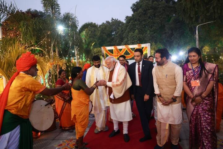 The event also saw the presence of prominent personalities, including Telugu film star Chiranjeevi, ace badminton player P V Sindhu, several Union ministers, and Lok Sabha Speaker Om Birla. (Photo: X/@narendramodi)