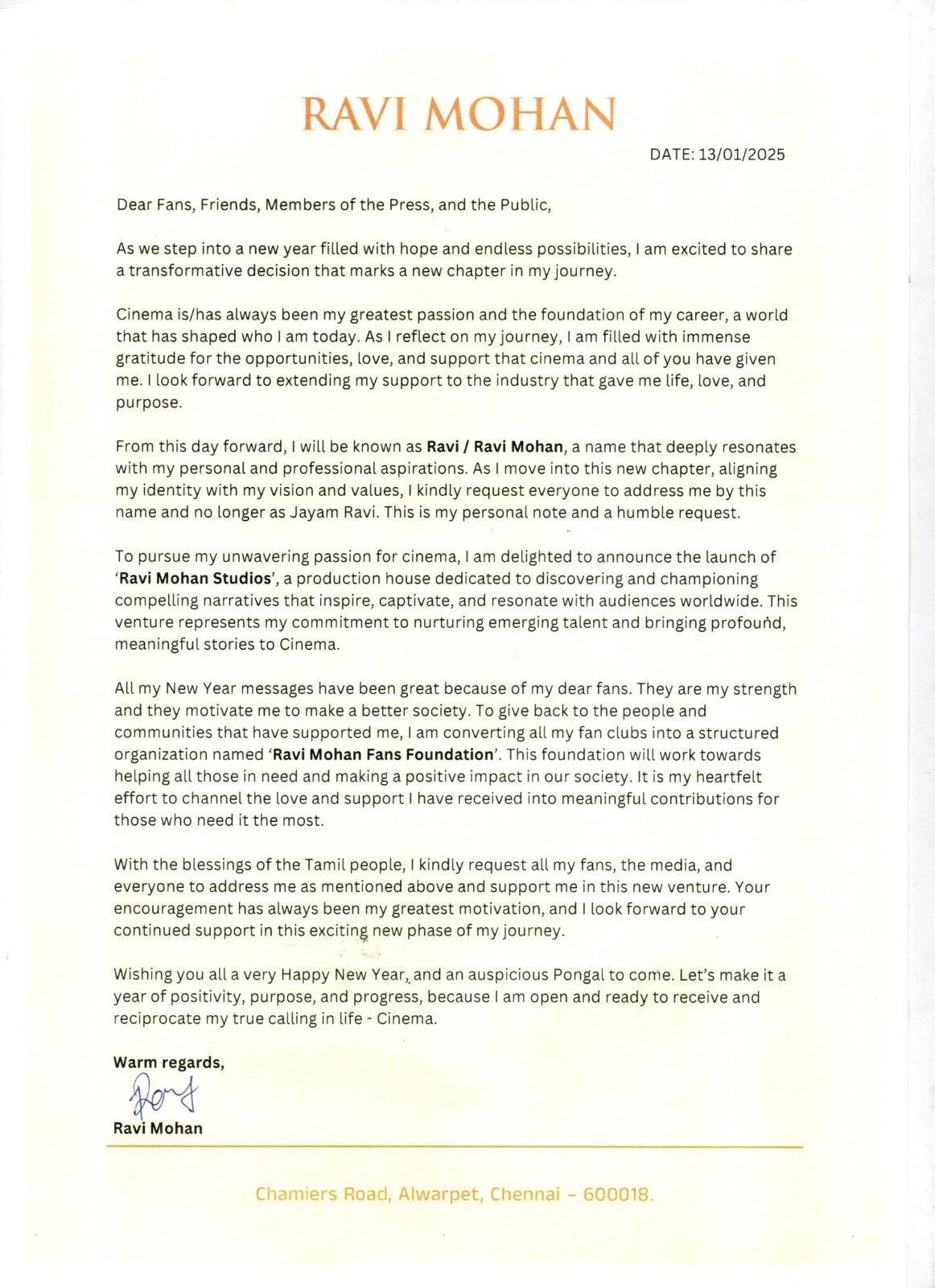 புதிய பெயர்... தயாரிப்பாளர் அவதாரம்! ரசிகர்களுக்கான மாஸ் அறிவிப்பு - ஜெயம் ரவியின் அறிக்கை!