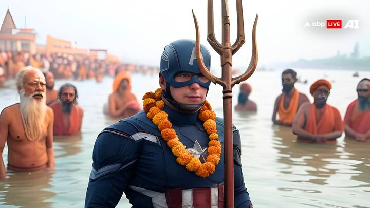 Captain America stands tall at the sacred ghats, his shield gleaming in the sunlight, embodying respect for India’s timeless traditions.