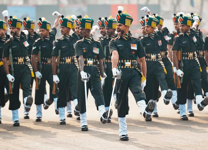 Madras Regiment personnel march past during the 77th Army Day Parade, at Khadki in Pune, Wednesday, Jan. 15, 2025. (Image Source: PTI)