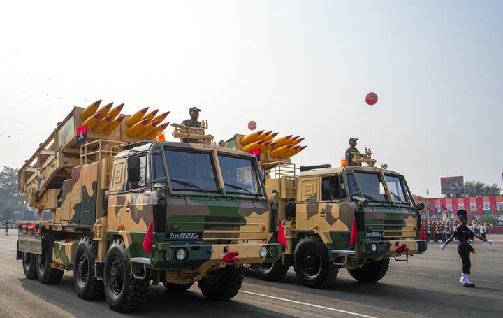Pinaka, a multi-barrel rocket launcher, on display during the 77th Army Day Parade, at Khadki in Pune, Wednesday, Jan. 15, 2025. (Image Source: PTI)