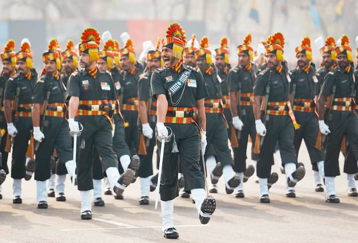Mechanised Infantry Regiment personnel march past during the 77th Army Day Parade, at Khadki in Pune, Wednesday, Jan. 15, 2025. (Image Source: PTI)