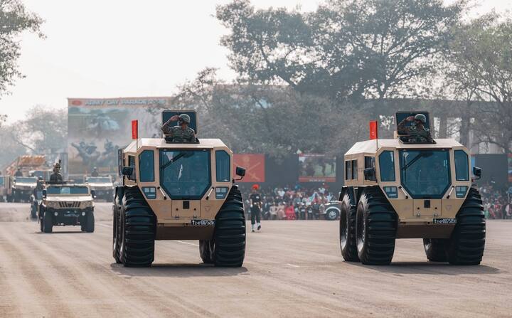 The ATOR N1200s, all-terrain amphibious vehicles, on display during the 77th Army Day Parade, at Khadki in Pune, Wednesday, Jan. 15, 2025. (Image Source: PTI)