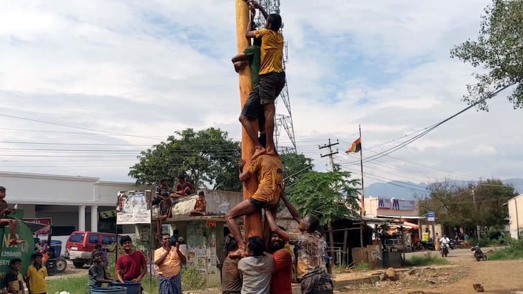 Theni news son-in-law and the groom will climb the slippery tree - tnn மருமகனா வரனும்னா வழுக்கு மரம் ஏறனும்..  மாமன்மார்கள் நடத்திய போட்டி - எங்கு தெரியுமா?