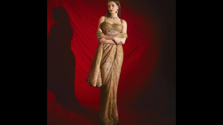 7. Ananya Panday: Ananya Panday has worn a beautiful organza saree with a corset blouse. The outfit is speckled with fine Ari and Zardozi gold. The saree has a patchwork of archival prints that radiates contemporary elegance. (Image Source: Instagram/@ritukumarhq)