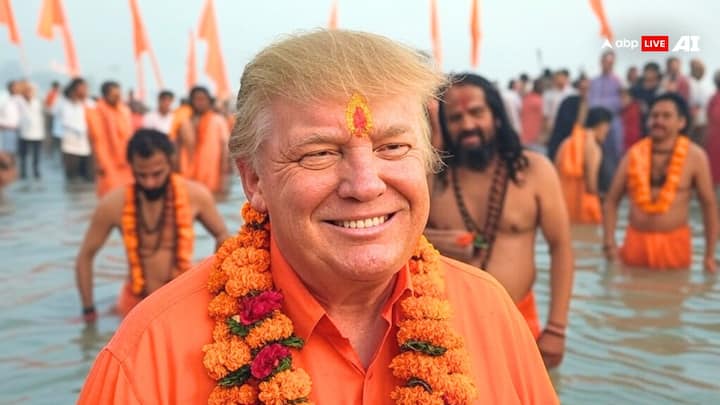 इस तस्वीर में अमेरिका के राष्ट्रपति डोनाल्ड ट्रंप कुंभ में आस्था की डुबकी लगाने के बाद एक चौड़ी सी स्माईल देते हुए नजर आ रहे हैं.
