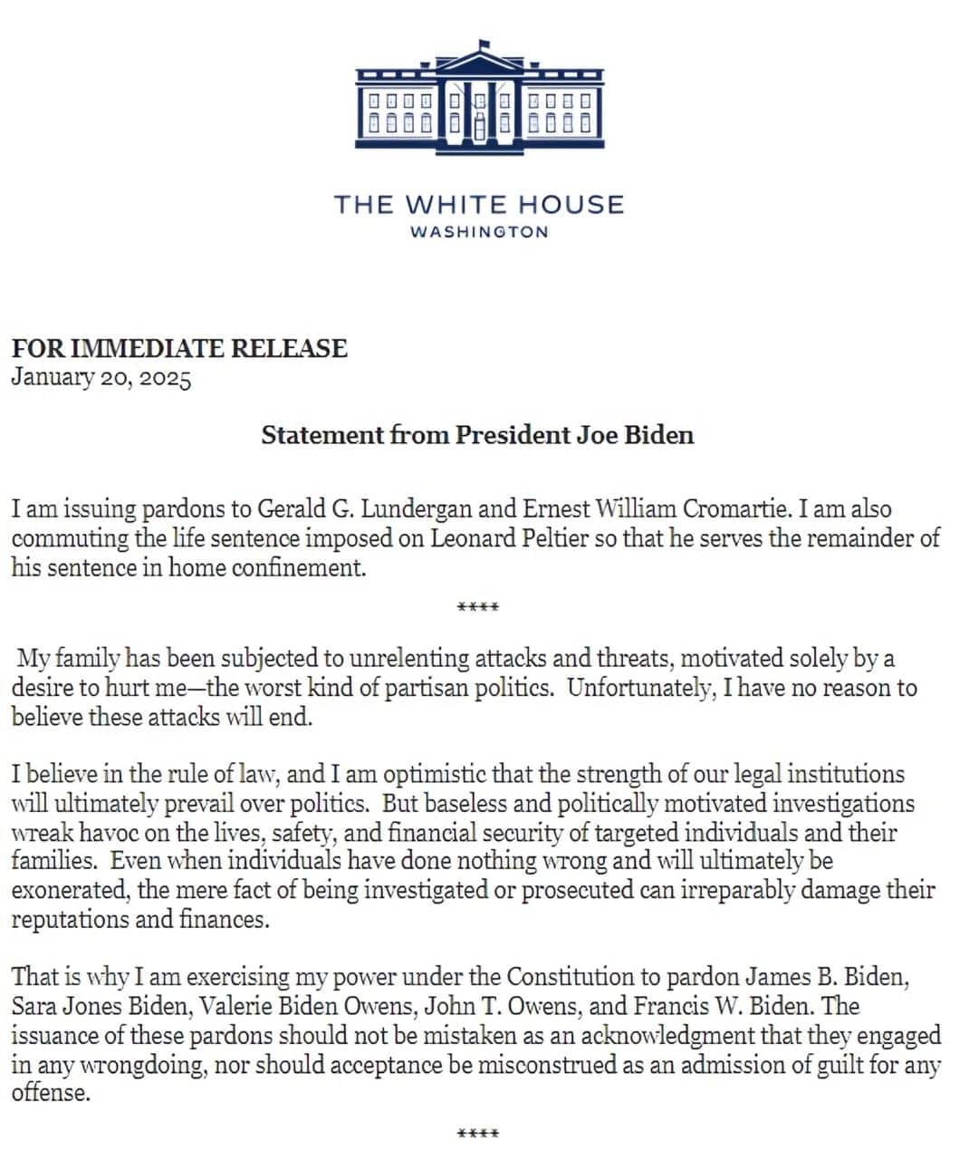 Joe Biden Pardons Close Family Members On Final Day As US President